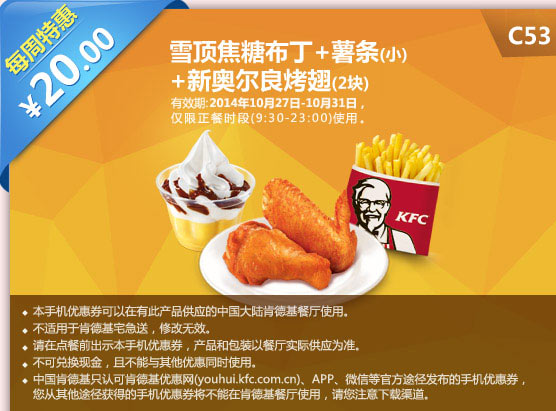 C53  雪顶焦糖布丁+薯条(小)+新奥尔良烤翅2块 每周特惠 只要20元 有效期至2014年10月31日